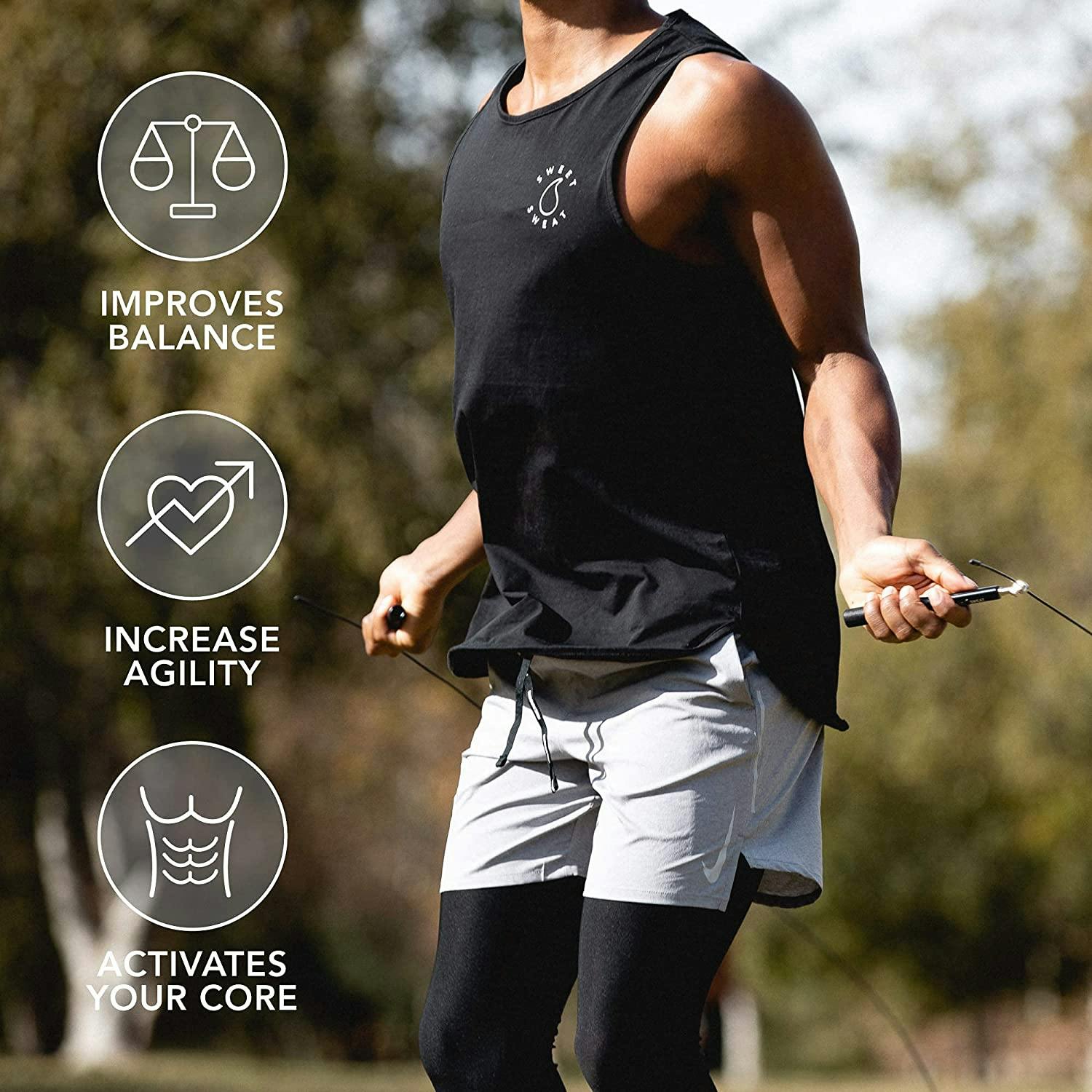 Man jumping rope with a Sweet Sweat® speed jump rope.