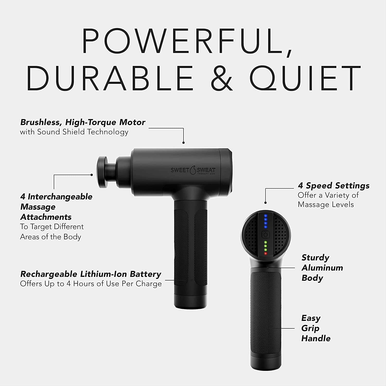 Sweet Sweat® Deep Tissue Therapy Gun features infographic.