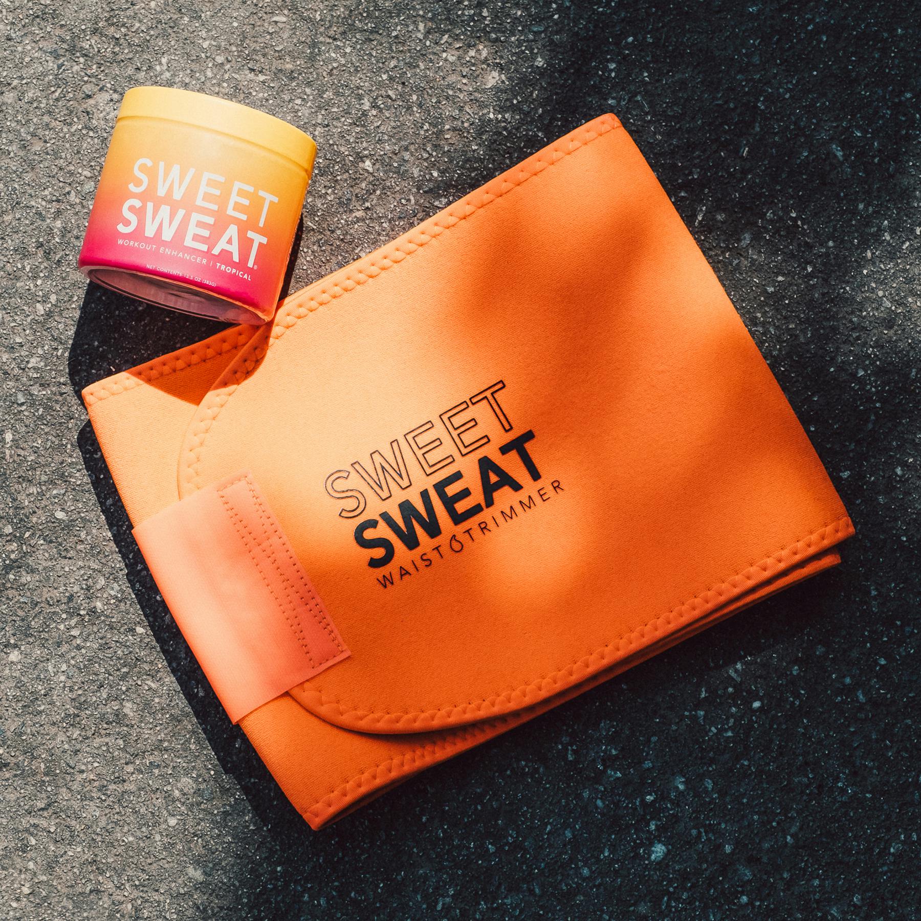 Sweet Sweat® Neon Series waist trimmer, along with a jar of Sweet Sweat® topical gel.