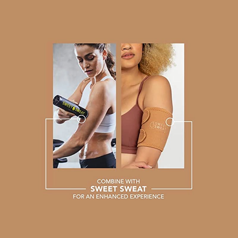 Two women, one applying Sweet Sweat® topical cream to her upper arm, and another wearing Sweet Sweat® arm trimmers on her arms.
