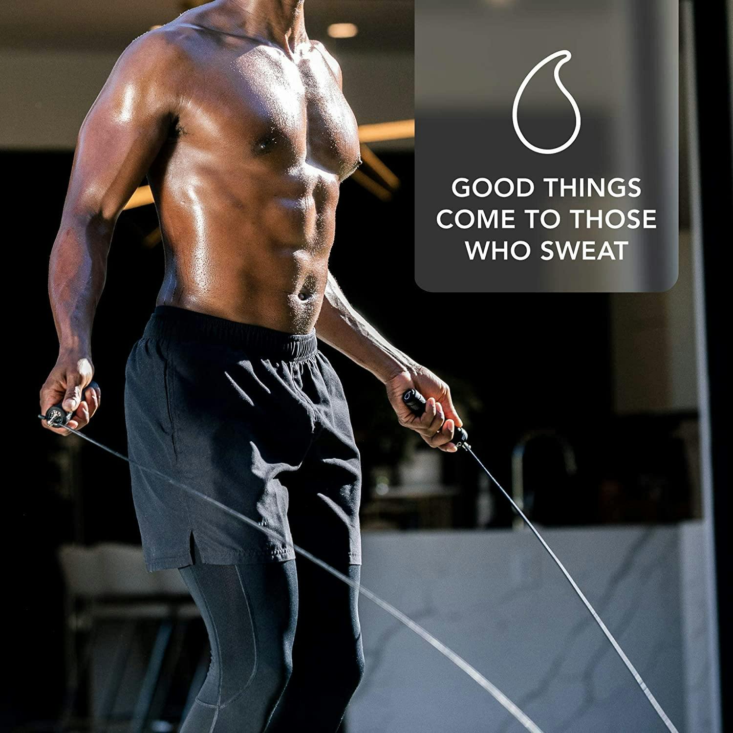 Man jumping rope using the Sweet Sweat® Weighted Jump Rope.