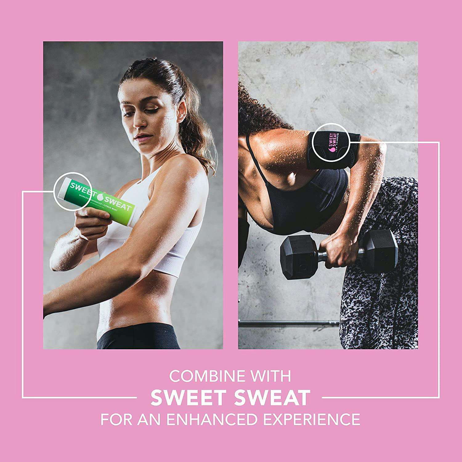 Woman applying Sweet Sweat® topical gel to her upper arm, and another woman with Sweet Sweat® arm trimmer on her upper arm lifting a dumbbell.